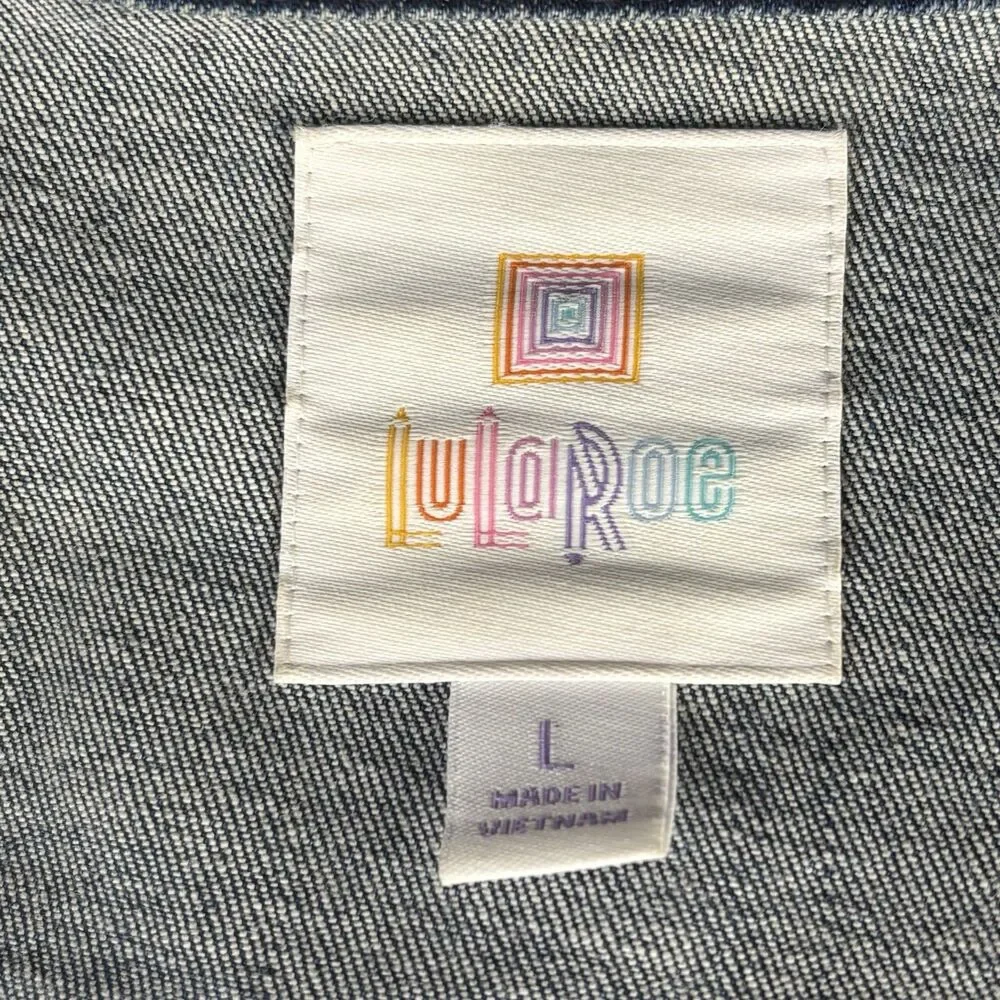 Lularoe Harvey Denim Jean Jacket Embroidered Floral Dark Wash Women Large Button